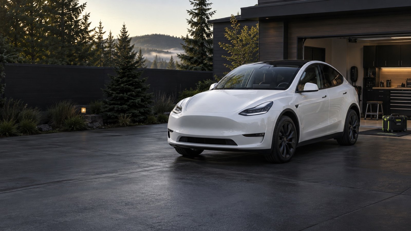 White Tesla Model Y at a home